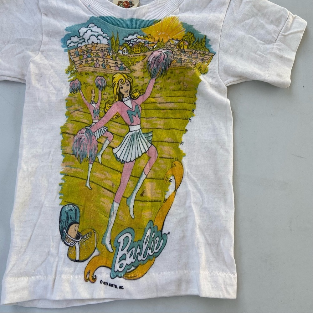 Vintage 70s 1970 Barbie Cheerleader T Shirt Kids USA Mattel Paper Thin Tee